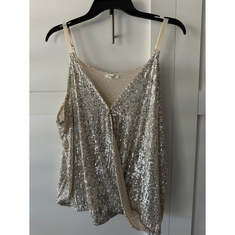 Maurices Womens 1X Sequin Cami Topโ Champagne Silver Adjustable Strap Faux Wrap